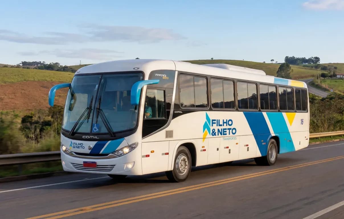 Imagem de capa,  Ônibus  da  Filho e Neto Transportes estacionados na estrada